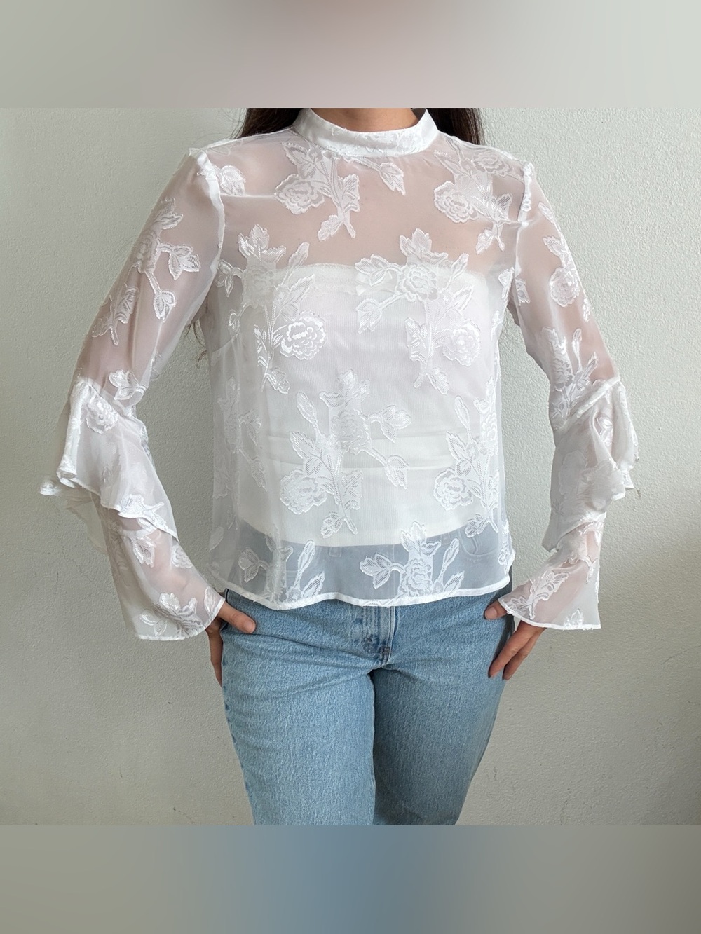 Wild Pearl white sheer coquette long sleeve blouse high neck whimsical small